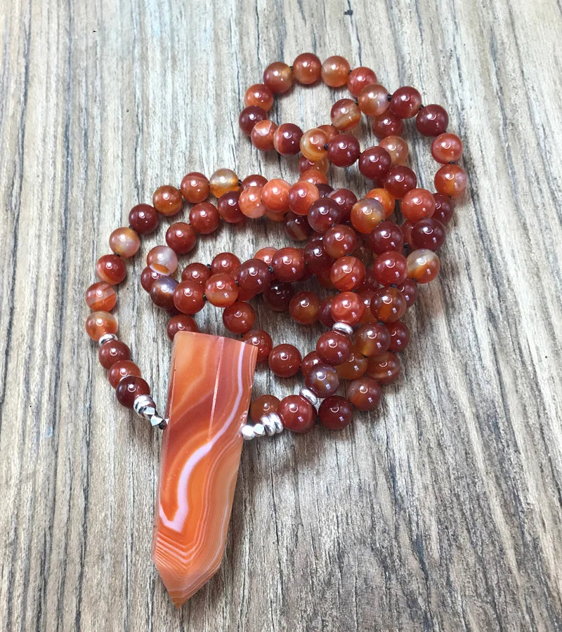 Natural Red Agate 108 Beads Point Pendant Mala