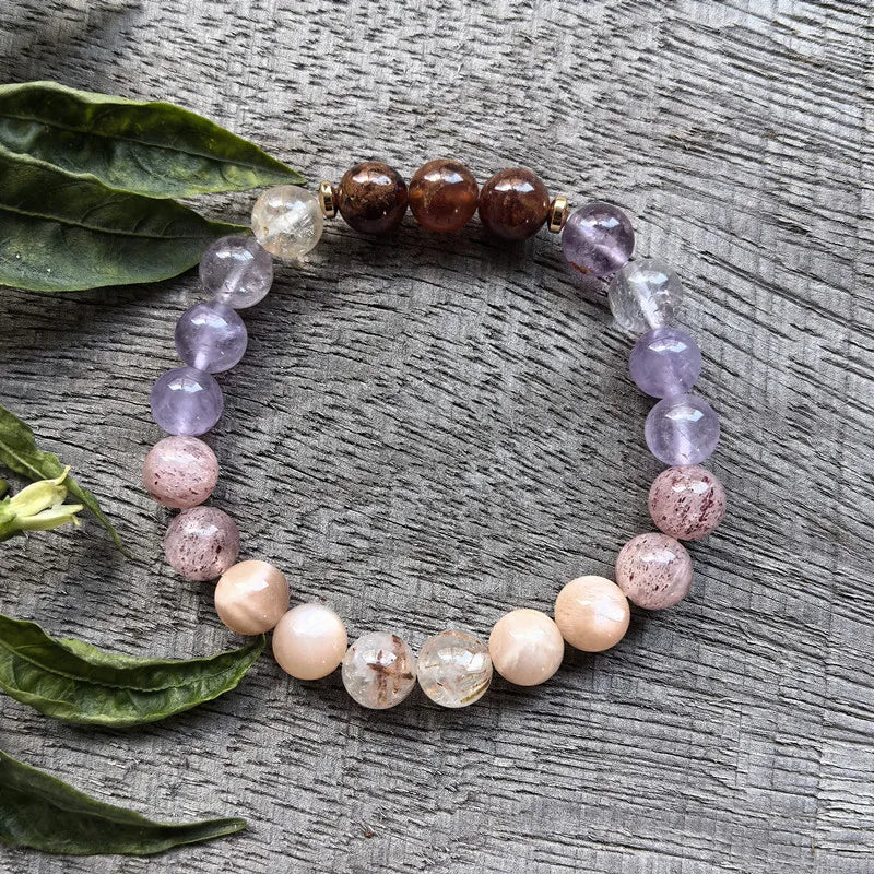 Natural Lodolite, Garnet, Sunstone, Amethyst & Pink Onyx Pendant 108 Beads Mala Set