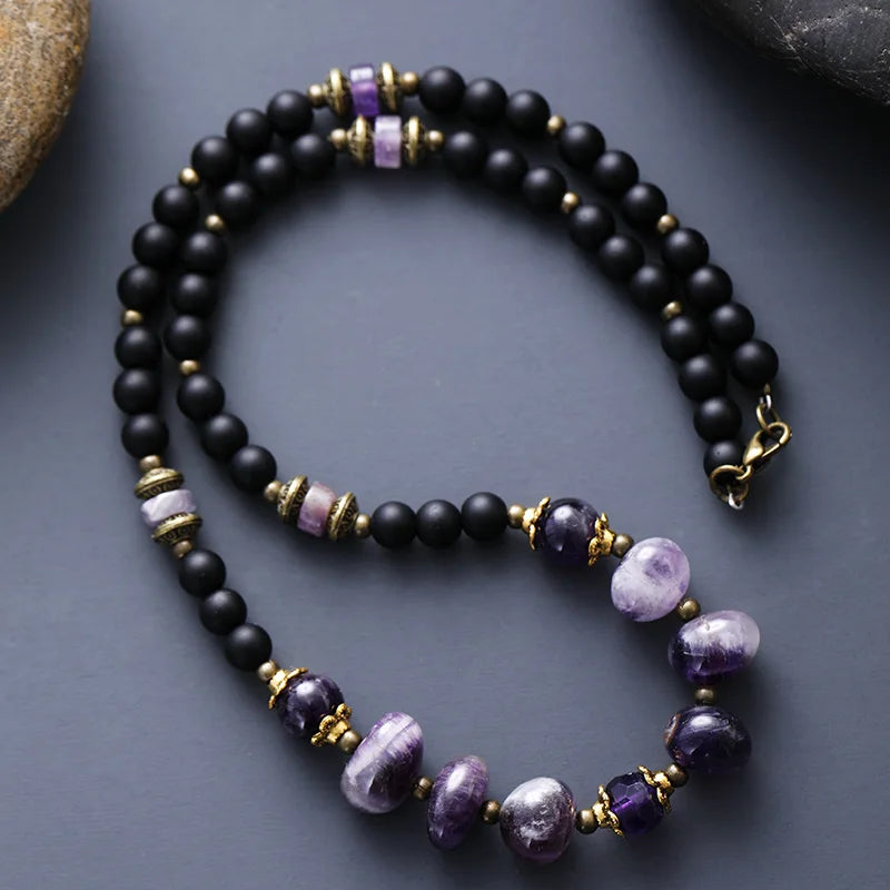 Natural Black Onyx & Amethyst Beaded Choker