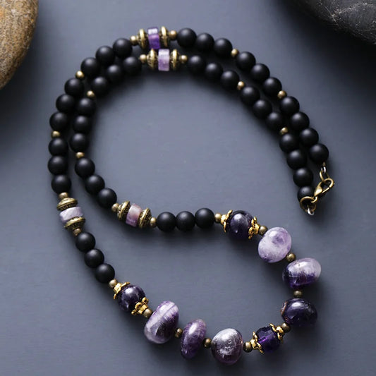 Natural Black Onyx & Amethyst Beaded Choker
