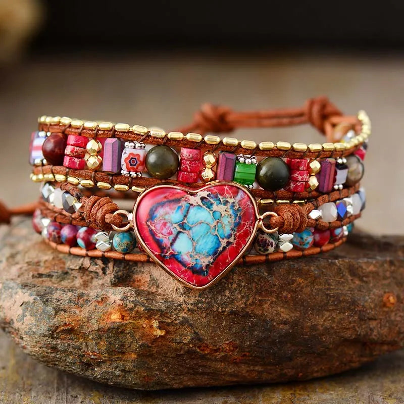 Natural Mixed Jasper Beads & Heart Charm Leather Wrap Bracelet