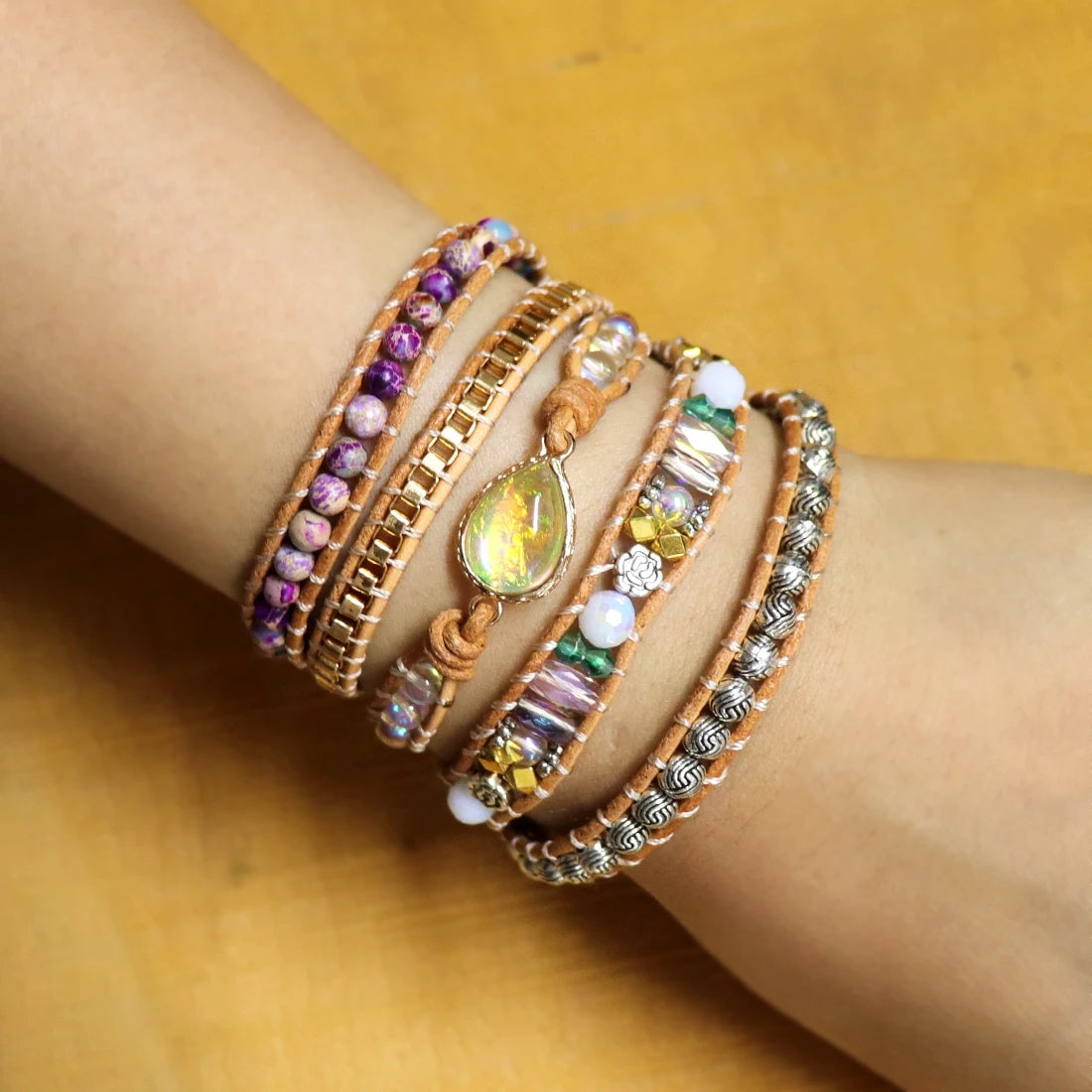 Natural Opal & Imperial Jasper Leather Wrap Bracelet