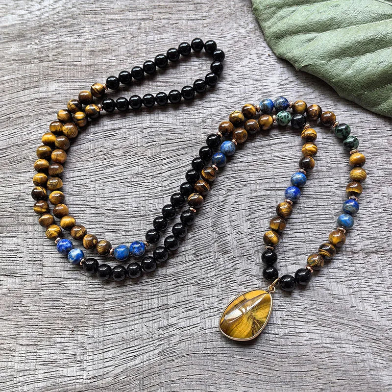 Natural Ruby Zoisite, Tiger Eye, Lapis Lazuli & Black Onyx 108 Beads Mala Set