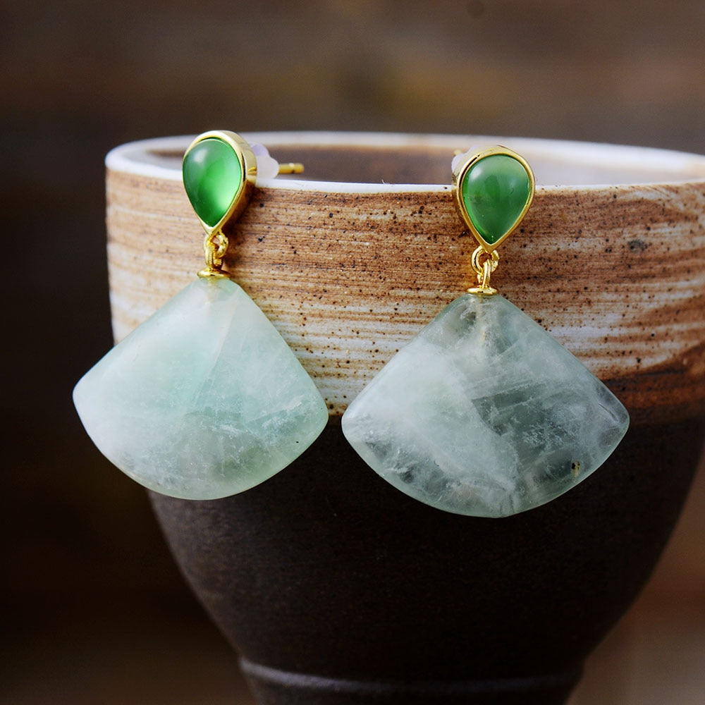 Natural Green Quartz / Sodalite Fan-shaped Earrings