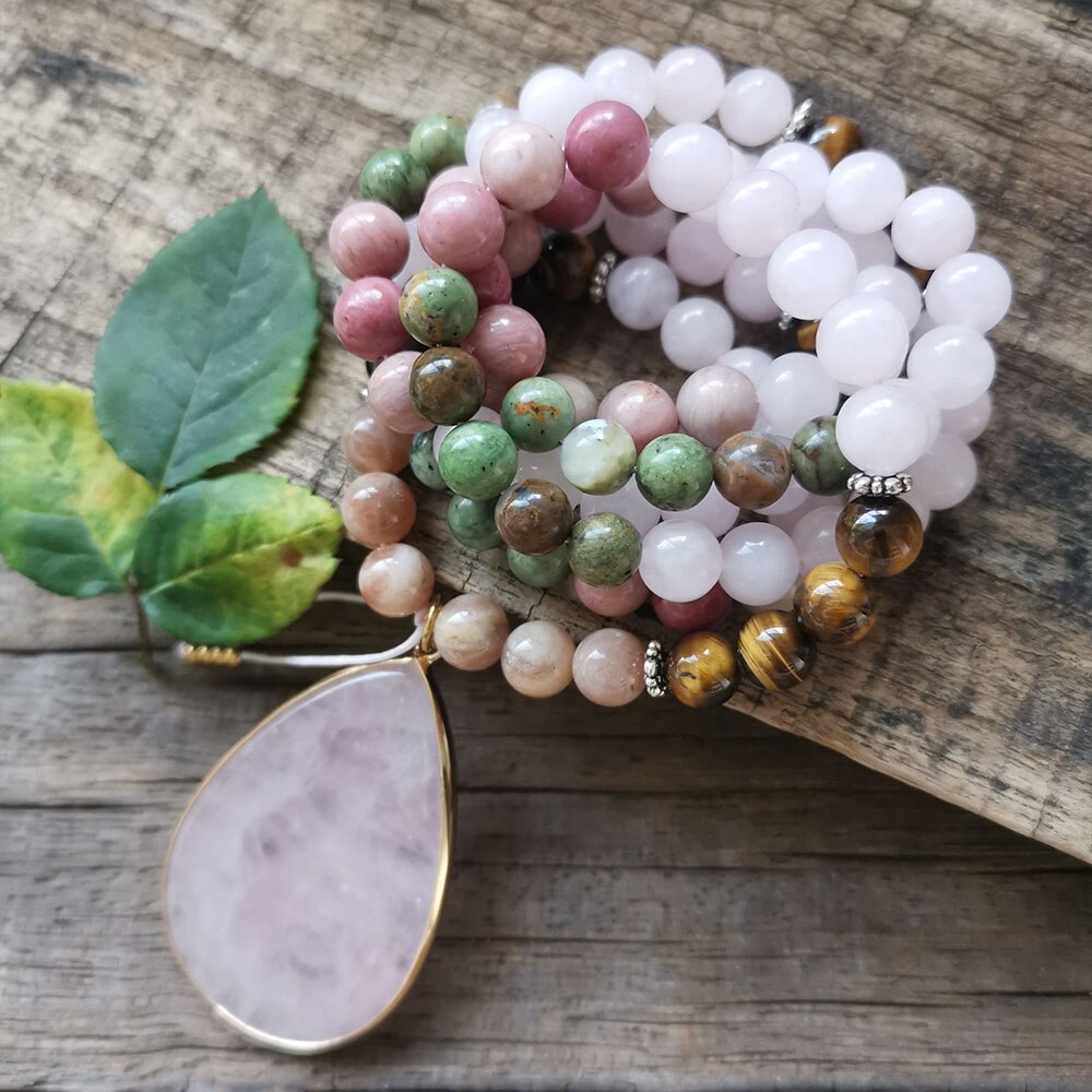 Natural Sunstone, Jasper, Rose Quartz, Tiger Eye & Rhodonite 108 Beads Mala Necklace / Bracelet