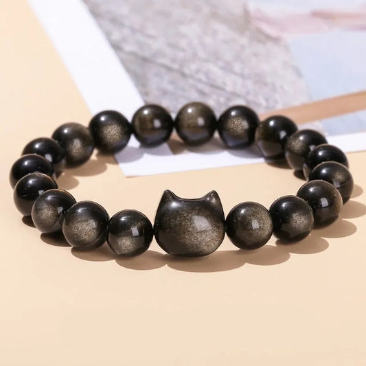 Natural Gold / Silver Sheen Obsidian Cat Bracelet