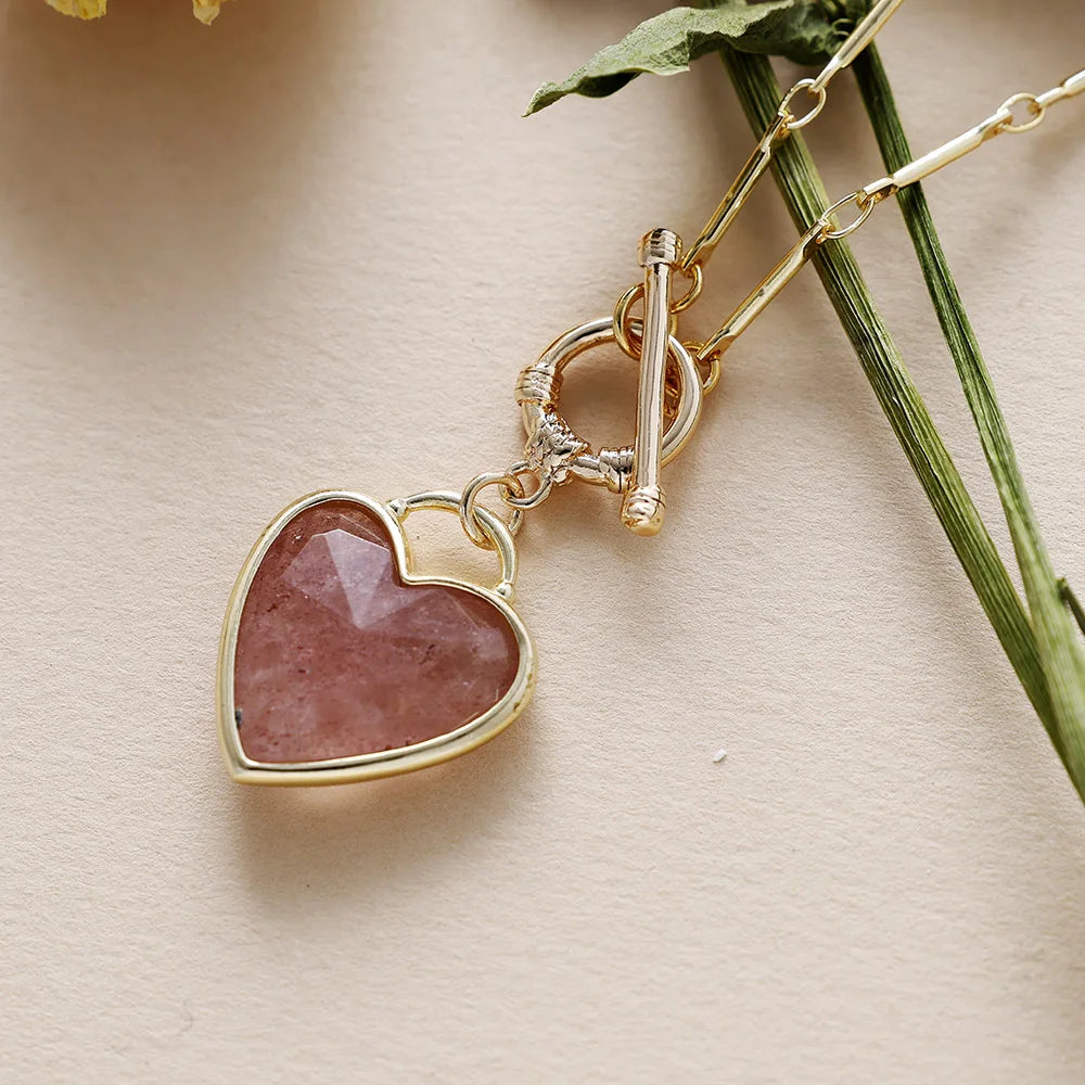 Natural Strawberry Quartz Heart Pendant Lariat Necklace