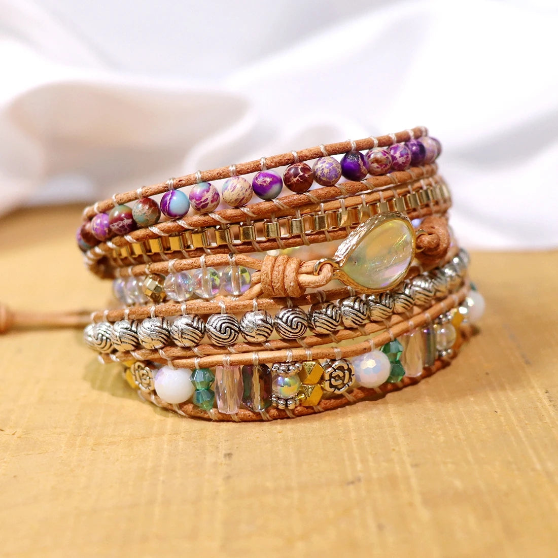 Natural Opal & Imperial Jasper Leather Wrap Bracelet
