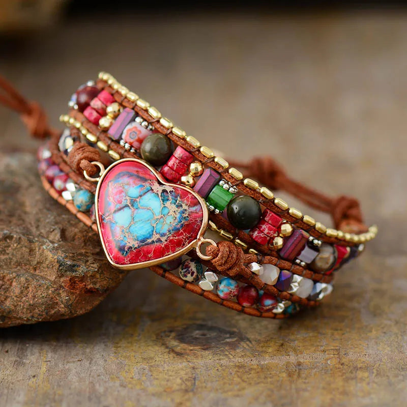Natural Mixed Jasper Beads & Heart Charm Leather Wrap Bracelet