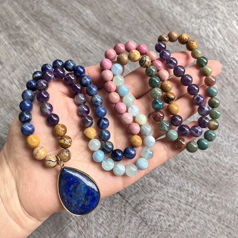 Natural Amethyst, Aquamarine, Indian Agate, Picture Jasper, Rhodonite & Sodalite 108 Beads Mala Set