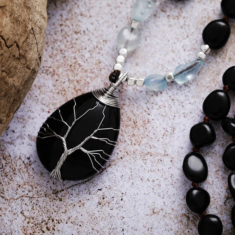 Natural Black Agate & Clear Quartz Tree of Life Necklace