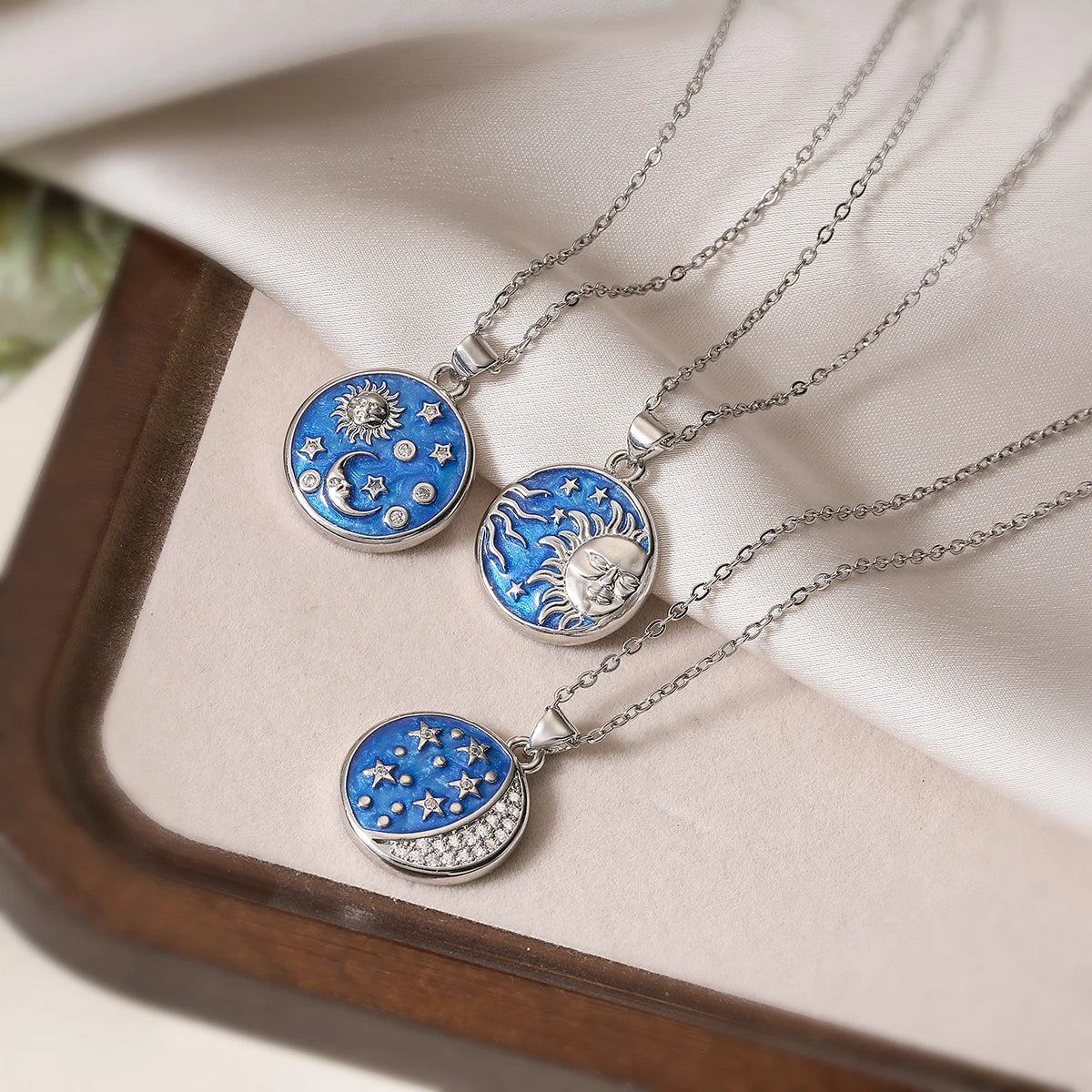 Handmade Enameled Moon Sun & Stars Zircon Pendant Necklace
