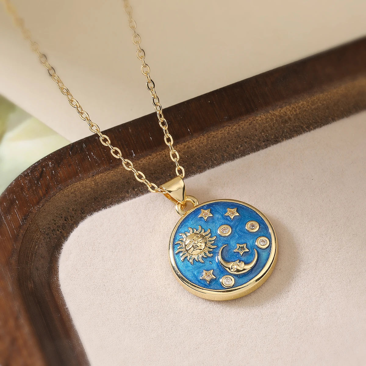 Handmade Enameled Moon Sun & Stars Zircon Pendant Necklace