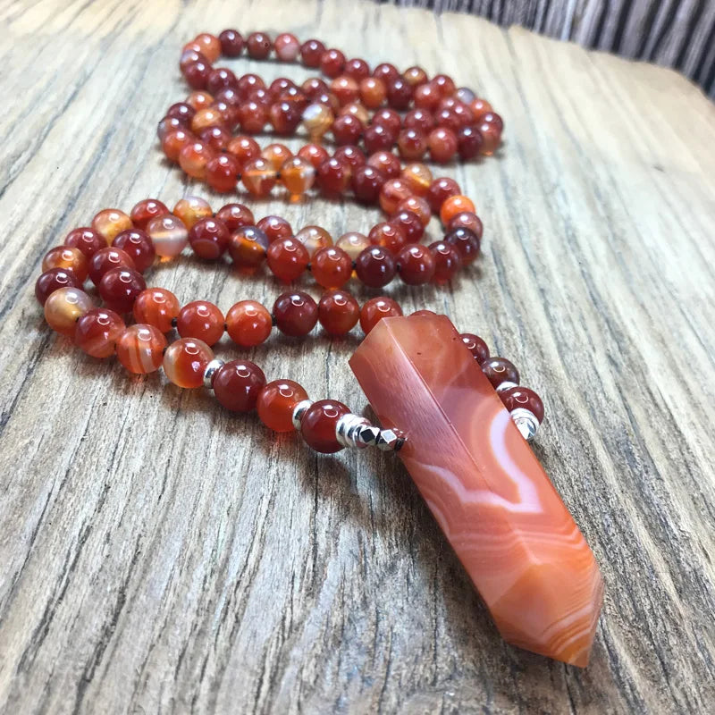 Natural Red Agate 108 Beads Point Pendant Mala