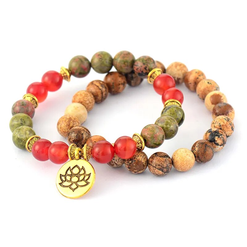 Natural Unakite, Picture Jasper & Onyx 2 Bracelets Set