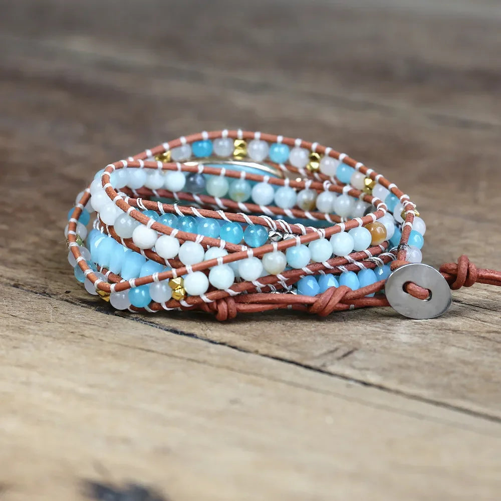 Natural Amazonite Leather Wrap Bracelet