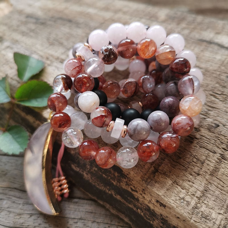 Natural Fire Quartz, Onyx, Jasper, White & Rose Quartz 108 Beads Mala Necklace / Bracelet