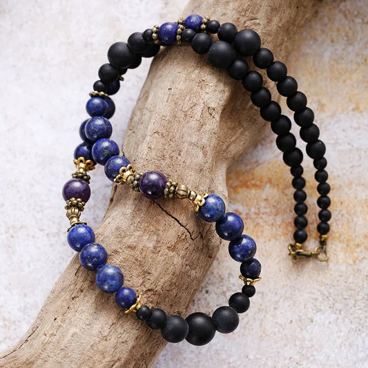 Natural Black Onyx, Lapis Lazuli & Amethyst Beaded Choker Necklace