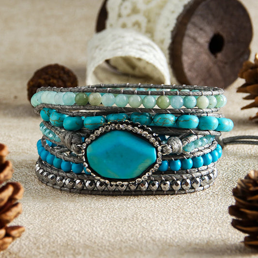 Natural Turquoise, Amazonite & Hematite Vegan Leather Wrap Bracelet