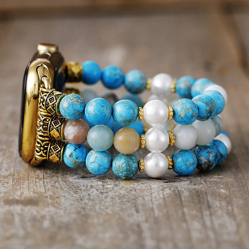 Natural Turquoise Jasper, Freshwater Pearls & Amazonite Beaded Smartwatch Band