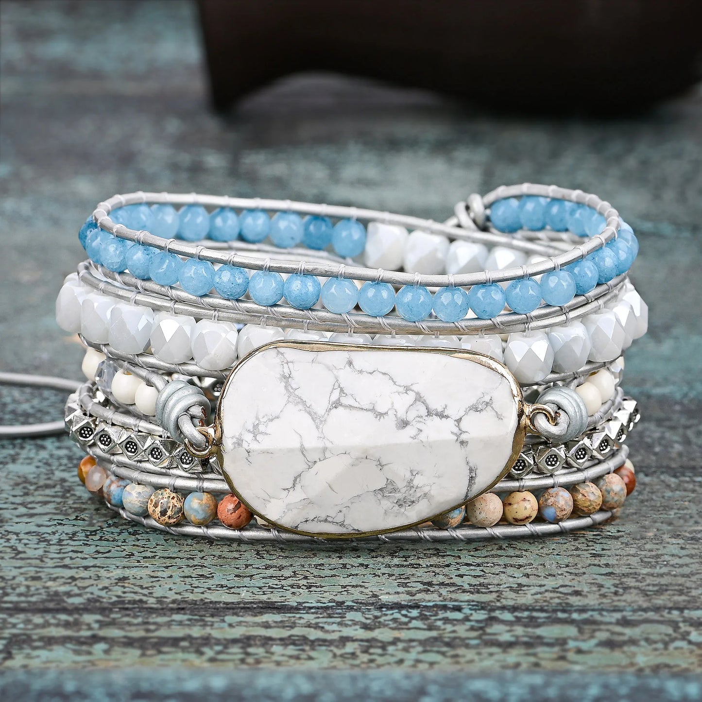 Natural Imperial Jasper, Malay Jade & Jade Vegan Leather Wrap Bracelet