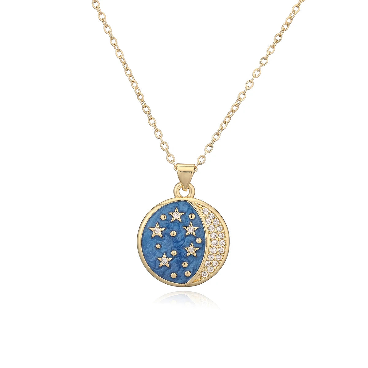 Handmade Enameled Moon Sun & Stars Zircon Pendant Necklace