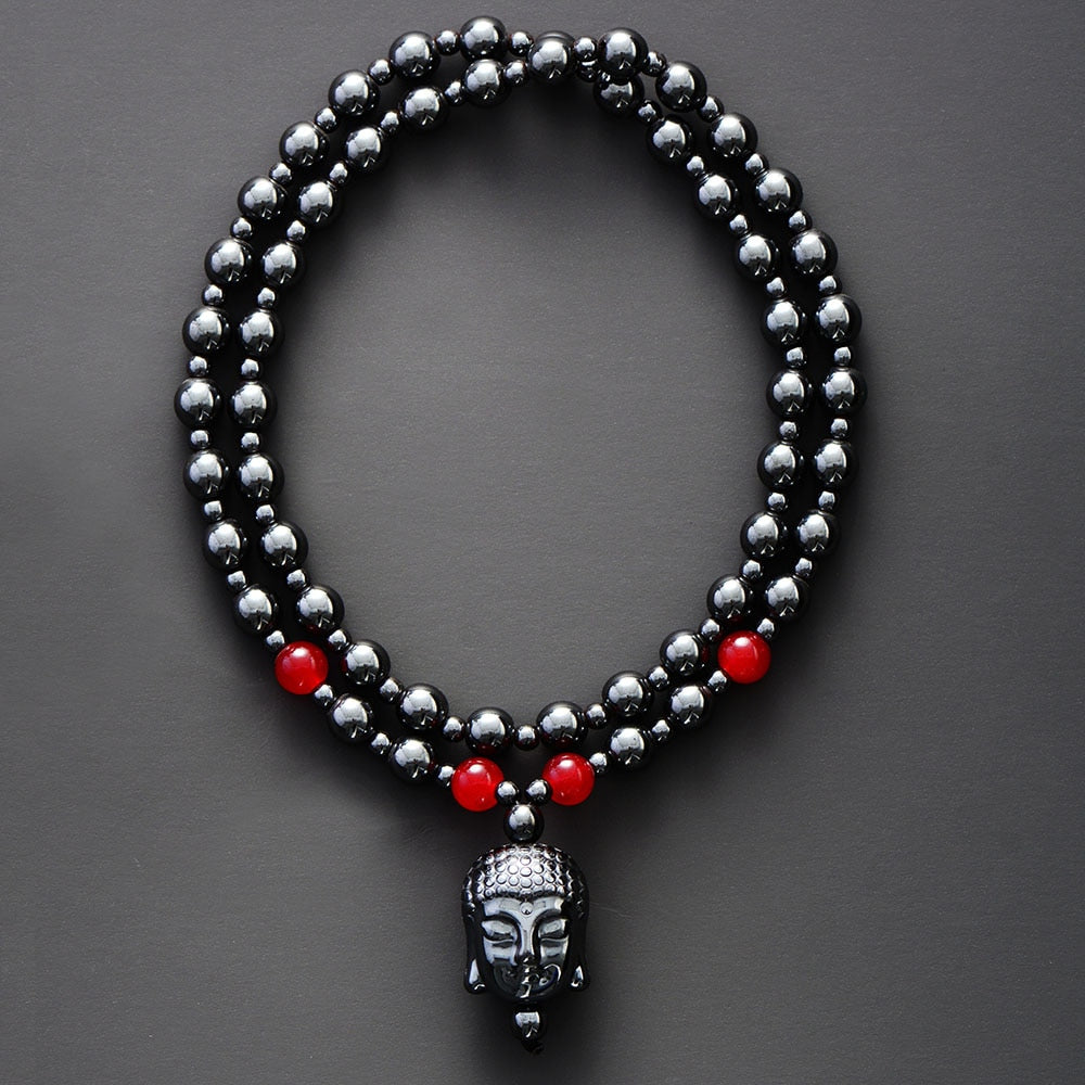 Natural Hematite & Onyx Buddha Head Necklace