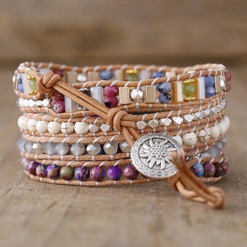 Natural Sea Sediment Jasper & Agate Vegan Leather Wrap Bracelet