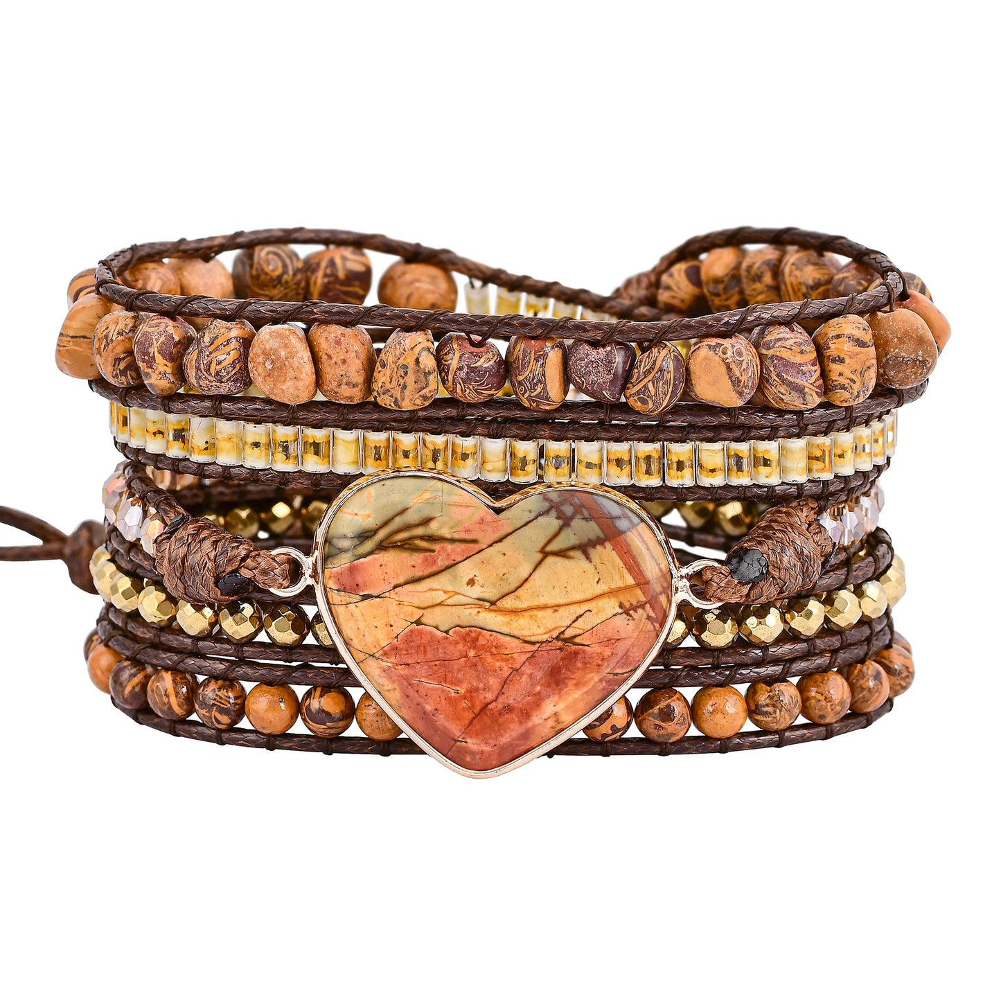 Natural Picasso Jasper Heart Vegan Wrap Bracelet