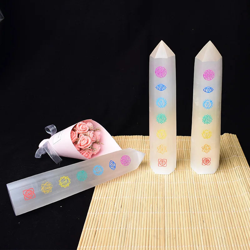 Natural Pointed Selenite Seven Chakras Tower