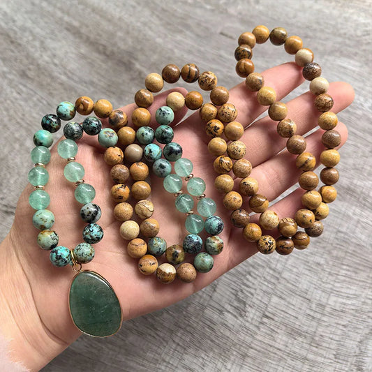 Natural Green Aventurine Picture Jasper & African Turquoise Bracelet Mala Set