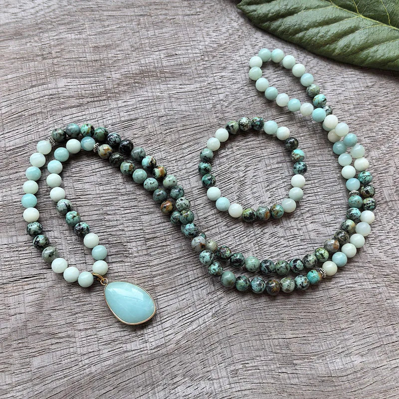 Natural Amazonite & African Turquoise 108 Beads Mala Bracelet Set