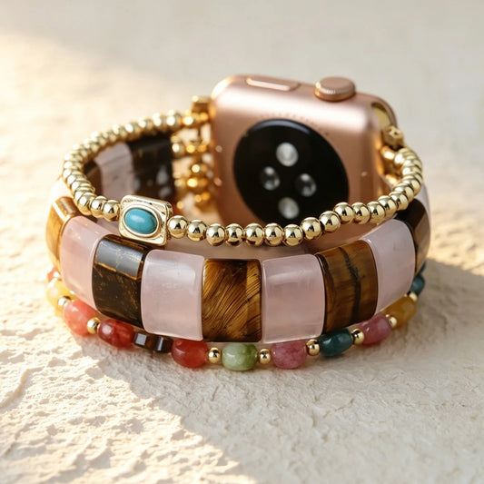 Natural Rose Quartz, Tiger's Eye & Mixed Onyx Smartwatch Band