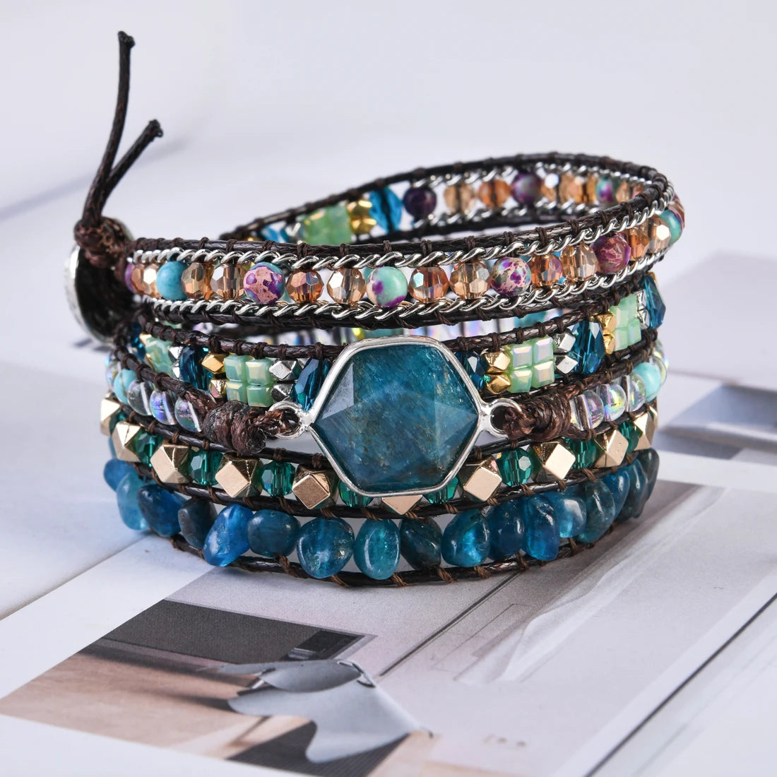 Natural Apatite & Mixed Jasper Hexagonal Charm Vegan Wrap Bracelet