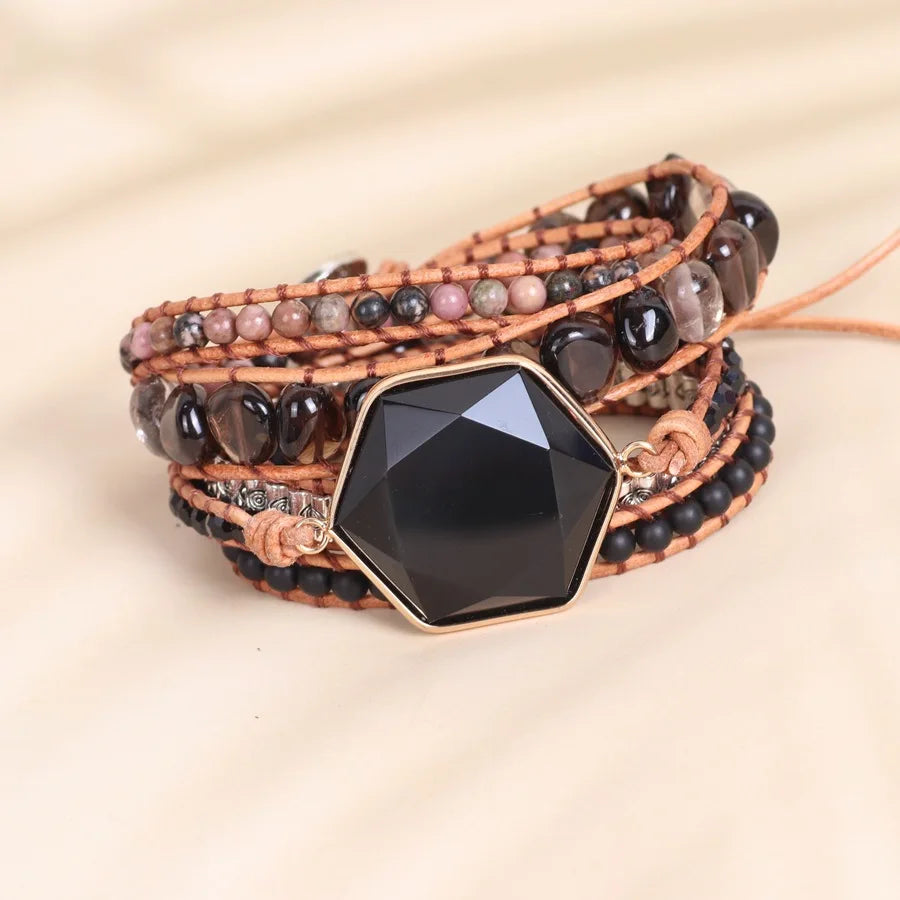 Natural Obsidian Hexagon Wrap Bracelet