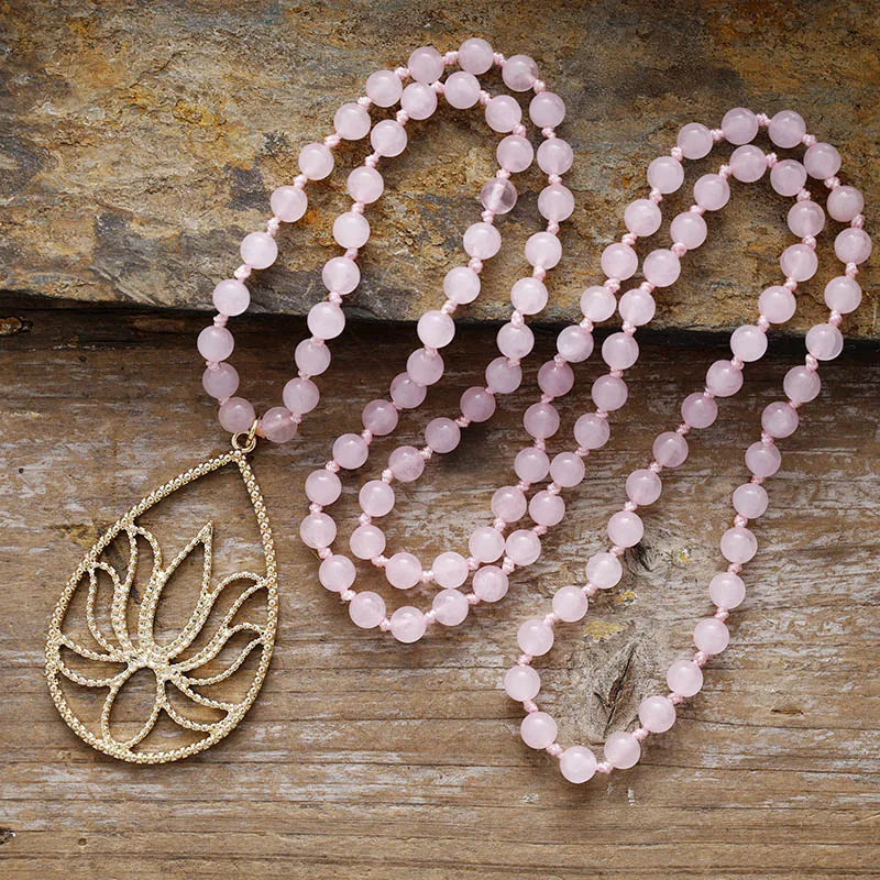 Natural Rose Quartz 108 Beads Lotus Mala