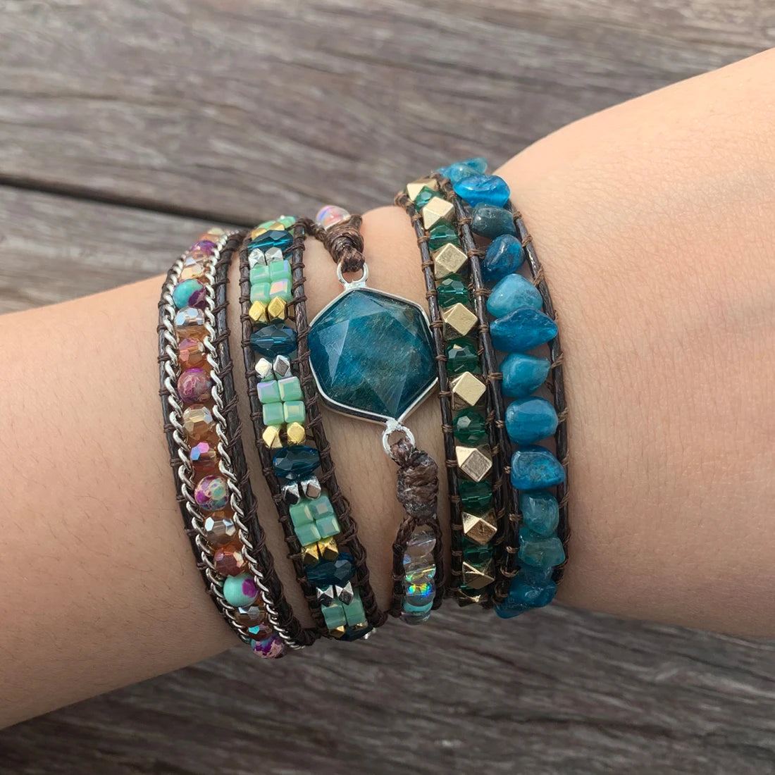 Natural Apatite & Mixed Jasper Hexagonal Charm Vegan Wrap Bracelet