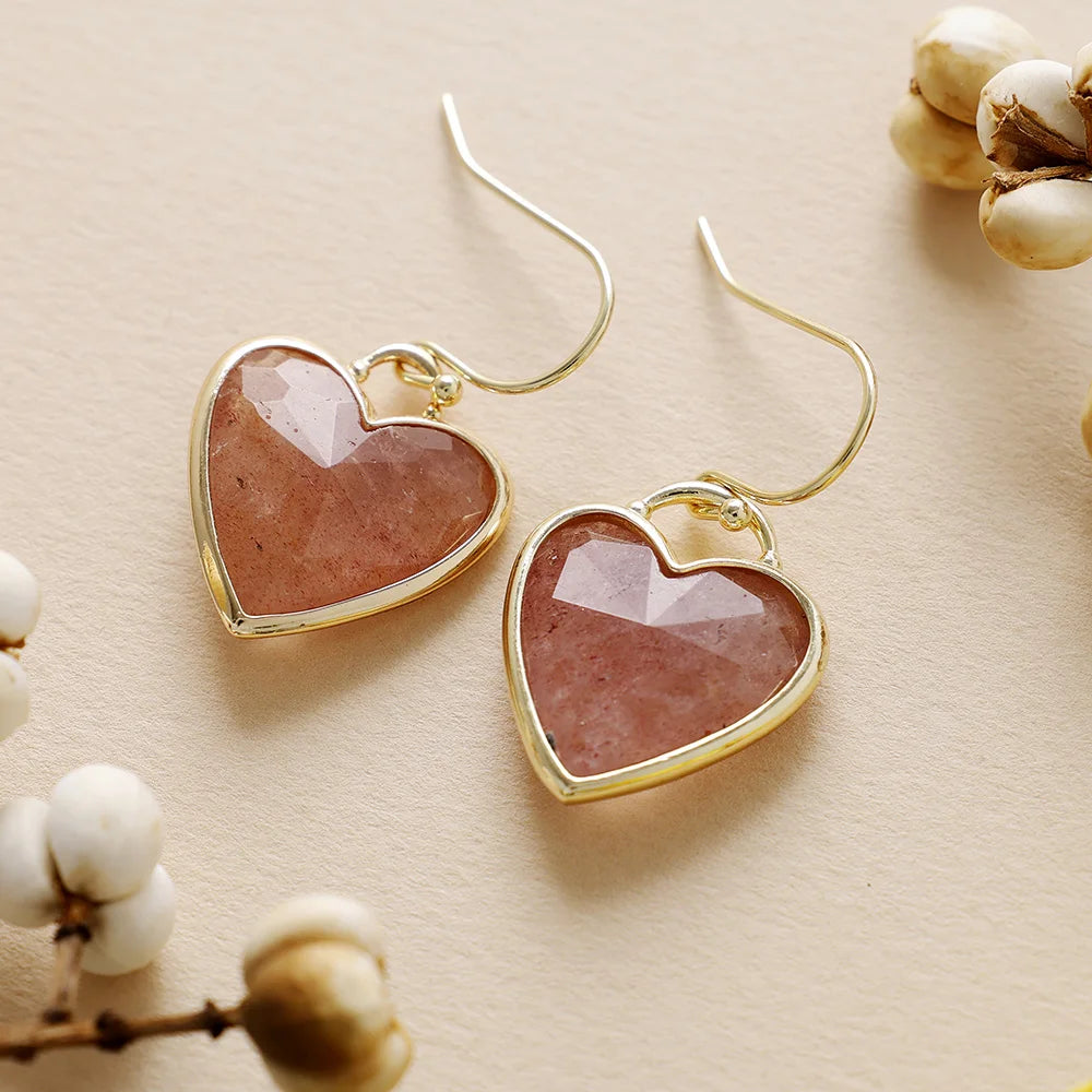 Natural Strawberry Quartz Romantic Heart Earrings