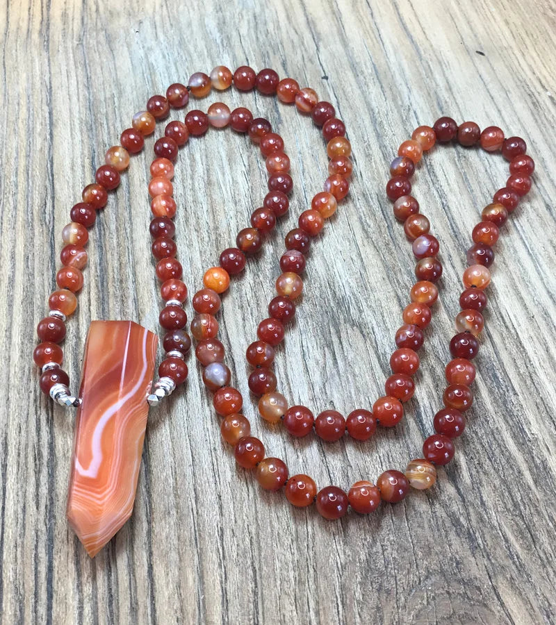 Natural Red Agate 108 Beads Point Pendant Mala