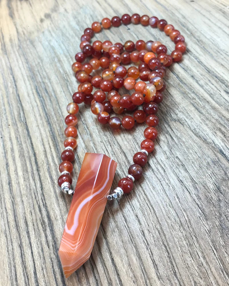 Natural Red Agate 108 Beads Point Pendant Mala