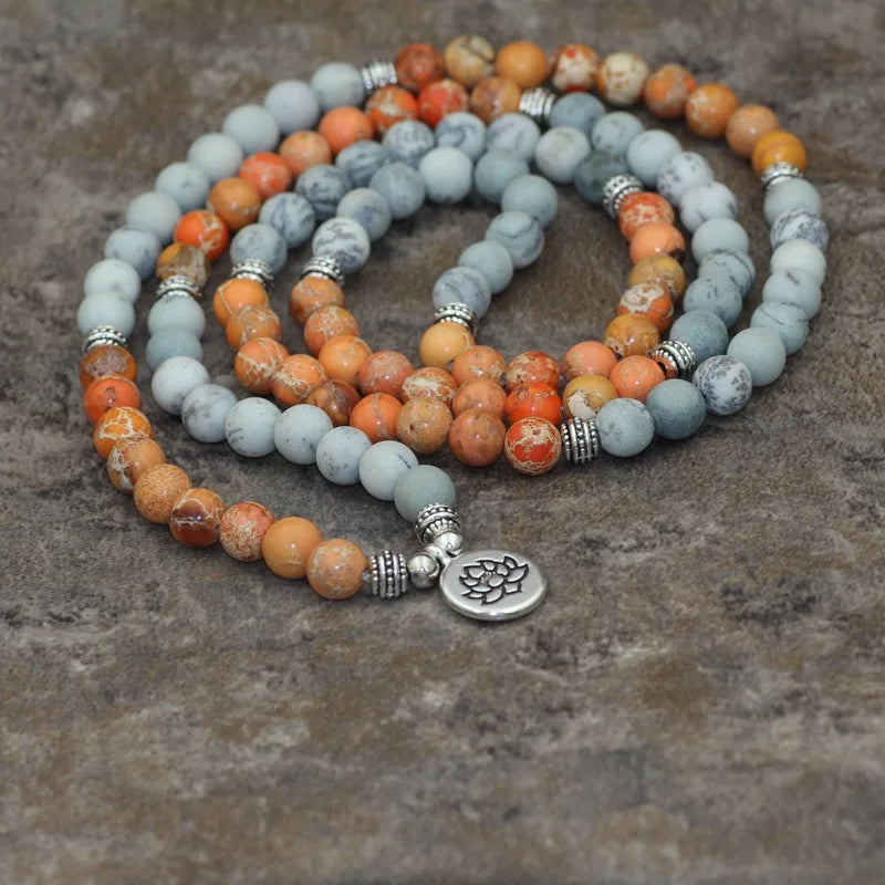 Natural Orange Jasper & Snowflake Obsidian 108 Beads Mala