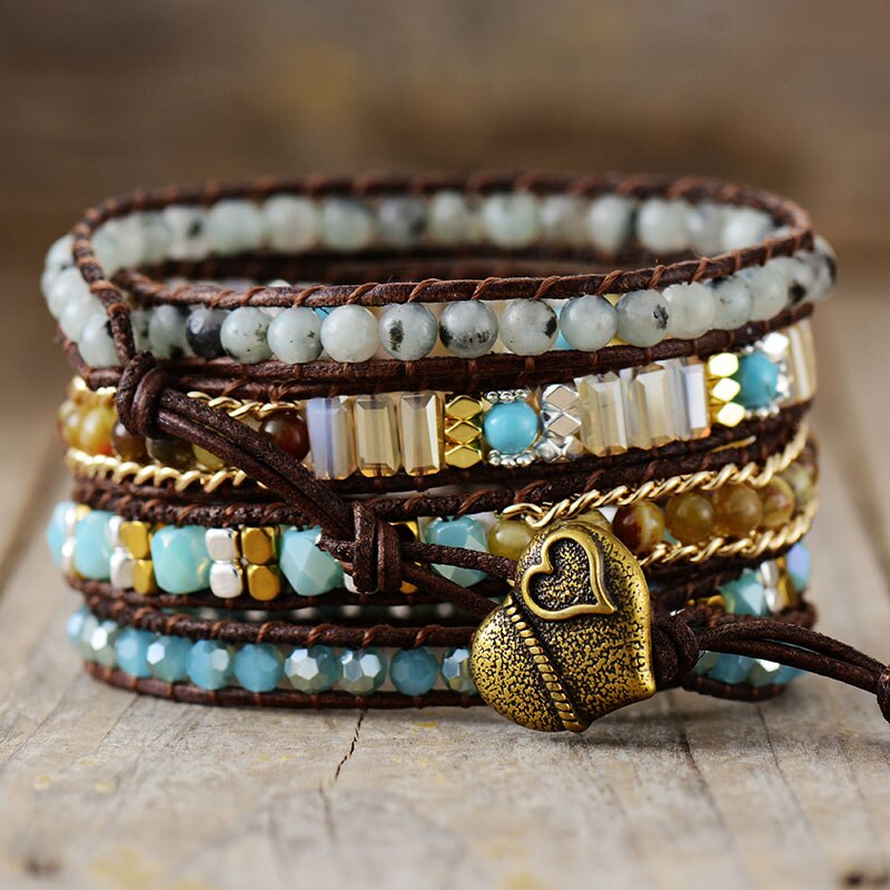 Natural Turquoise, Jasper & Agate Leather Wrap Bracelet