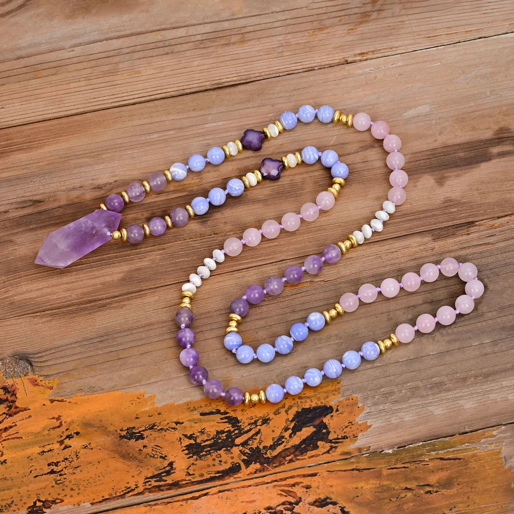 Natural Agate, Rose Quartz & Amethyst Crystal Pillar Necklace
