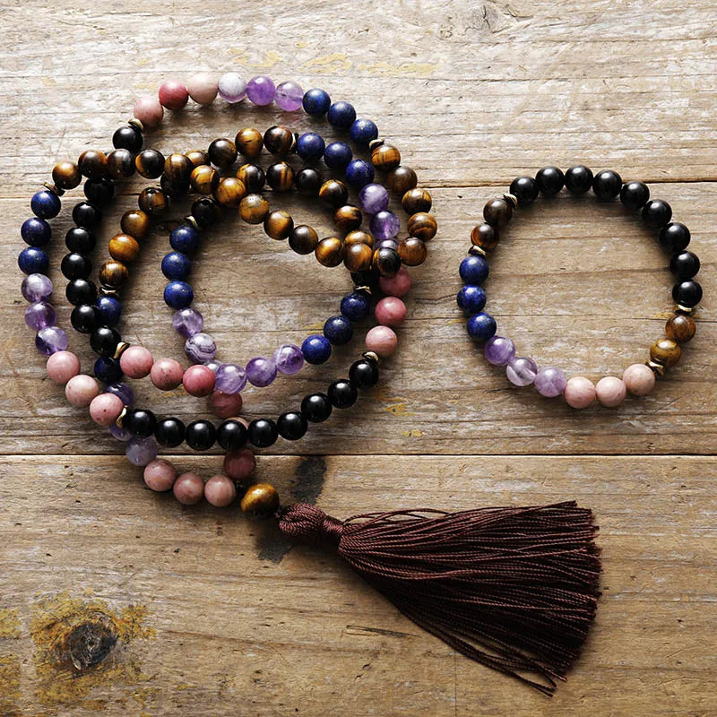 Natural Tiger Eye, Amethysts, Rhodonite, Lapis Lazuli & Onyx 108 Beads Mala