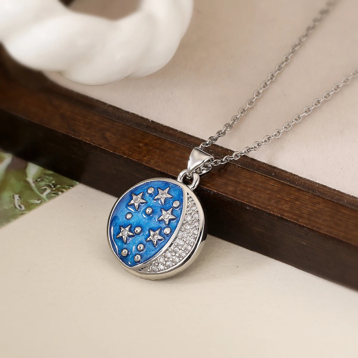 Handmade Enameled Moon Sun & Stars Zircon Pendant Necklace