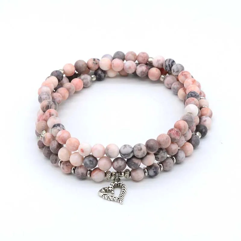 Natural Pink Zebra Stone 108 Beads Mala Necklace Wrap Bracelet