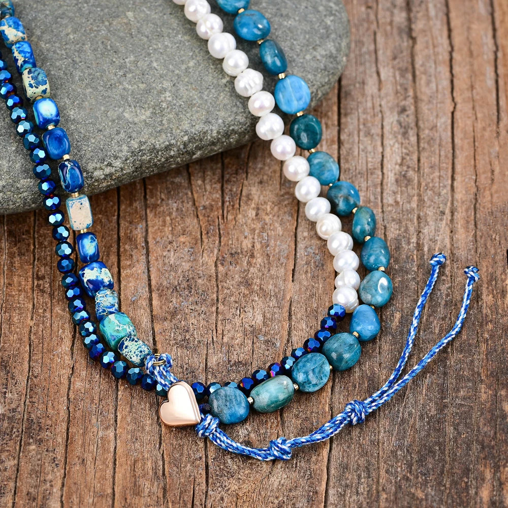 Natural Apatite, Hematite & Freshwater Pearls Double Layered Necklace Wrap Bracelet