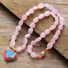 Natural Rose Quartz Beads & Imperial Jasper Heart Pendant Choker Necklace
