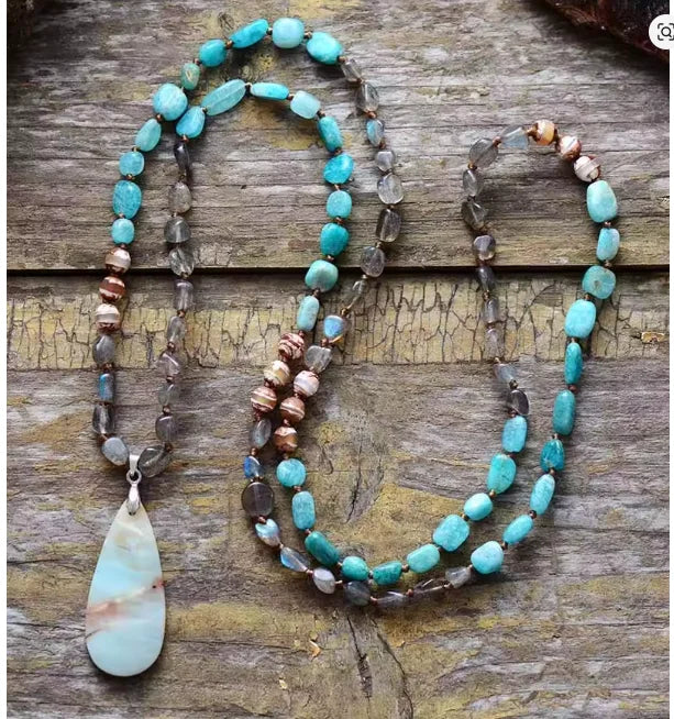 Natural Amazonite, Botswana Agate, Labradorite Boho Necklace