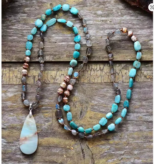 Natural Amazonite, Botswana Agate, Labradorite Boho Necklace